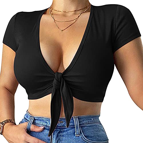 LCNBA Deep v Neck Short Sleeve Crop Top,Bandage Cross Wrap